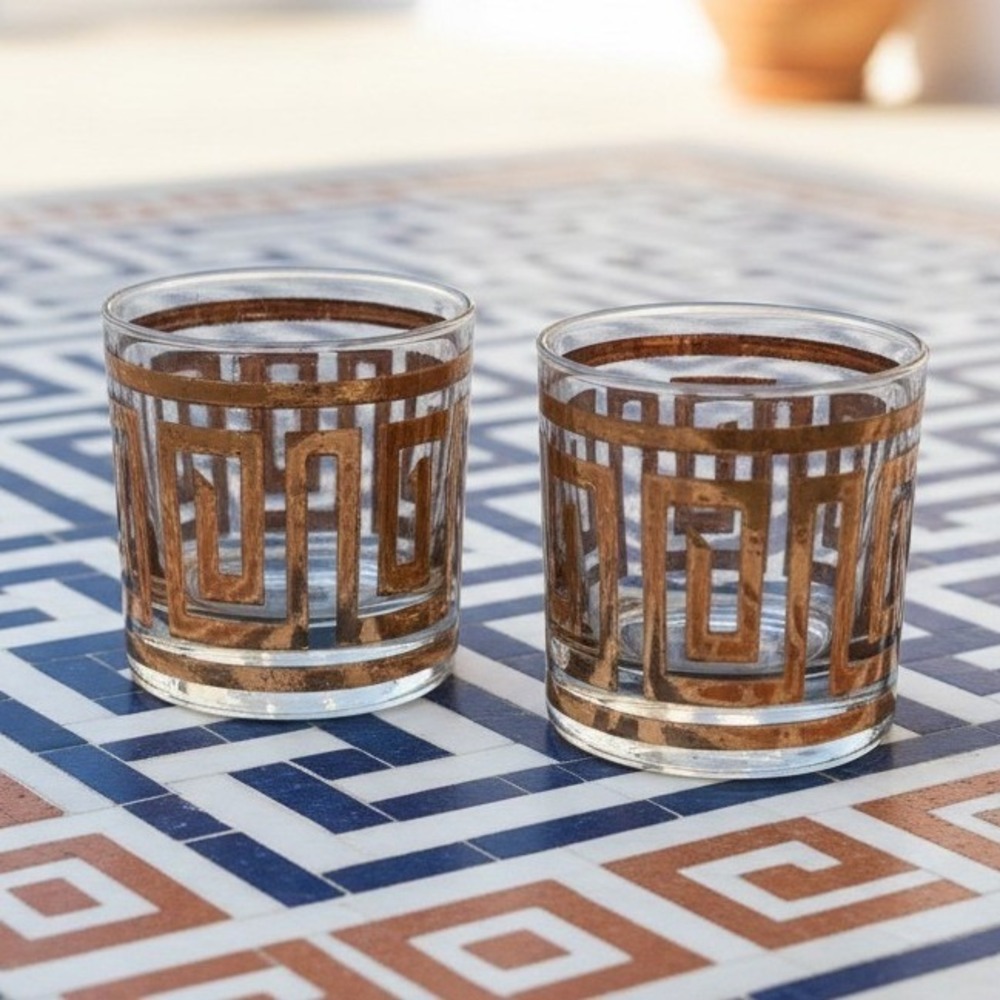 Culver Greek Key Whiskey Tumblers, Set of‎ 2, Vintage Cocktail Glasses, Barware